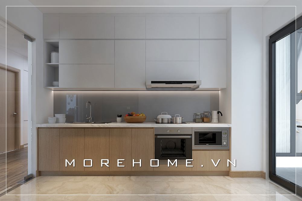 Mẫu tủ bếp chữ i gỗ công nghiệp màu trắng hiện đại cho phòng bếp chung cư Tủ bếp gỗ công nghiệp và tủ bếp acrylic